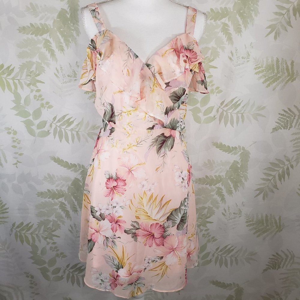 Promesa cold shoulder cross over pink tropical/floral dress